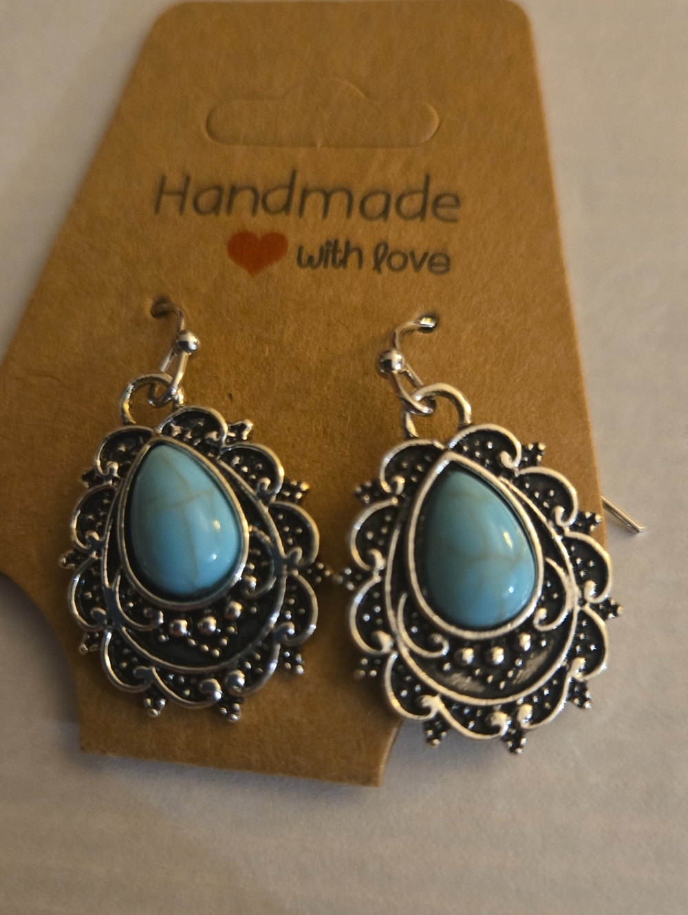 Western Silver Turquoise Stone Teardrop Dangle Earrings -